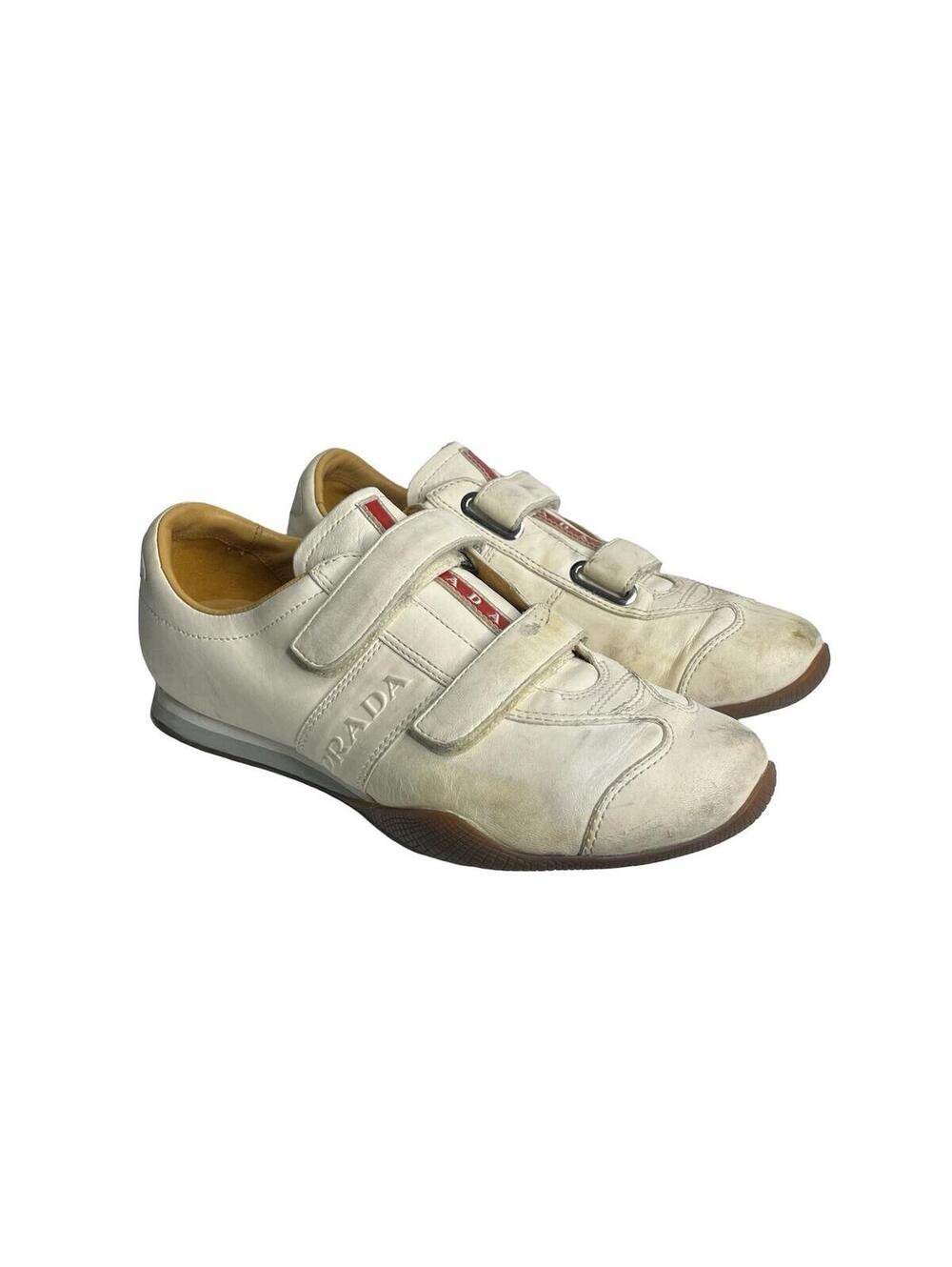 Prada Velcro Strap Sneakers White Leather Red Line 5.5